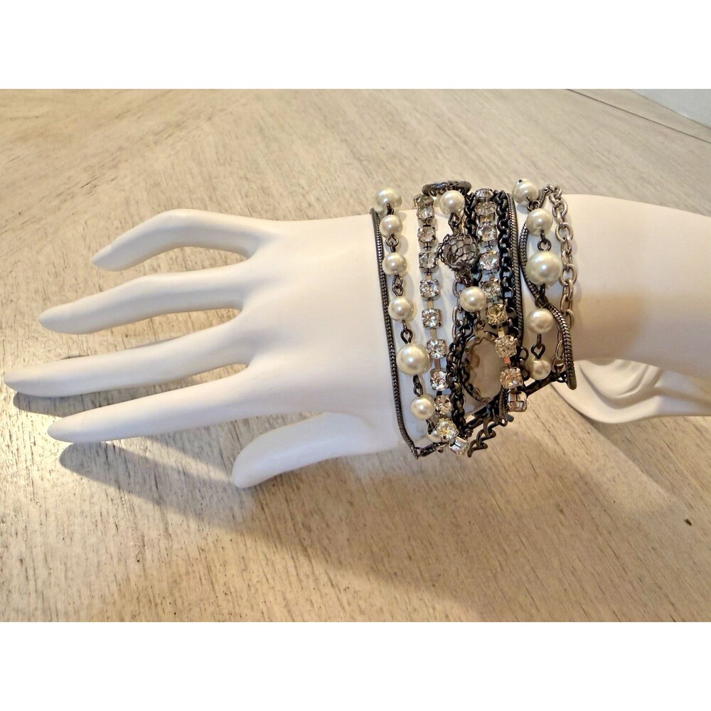 NY Mixed Faux Pearl Rhinestone Multi Strand Bracelet Gunmetal Chain Statement